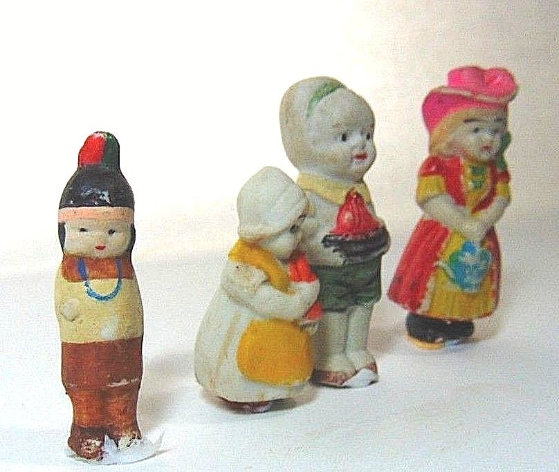 MINIATURE 4 PIECE LOT SET BISQUE WESTERN WEST COW GIRL BOY SAIL BOAT HOME DECO