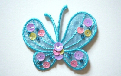 1 or 12 Wright's Irid. Blue/Sequin/Bead Butterfly 2'' x 2 1/4'' Appliques wp-44