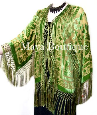 Pre-owned Maya Matazaro Green & Gold Fringe Jacket Kimono Silk Burnout Velvet Short