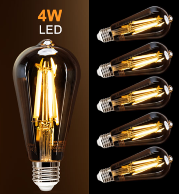 6 PACK E27 Vintage Light Bulbs 4W LED Filament Bulb 2200K Edison Bulb E27 ST64