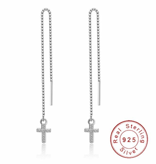 Cross style threader earring silver with zirconia long cross Drop Chain