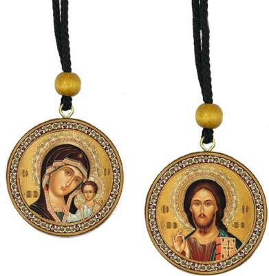 Christ and Virgin of Kazan Wood Icon Pendant Orthodox Reversible Ornament 2 In