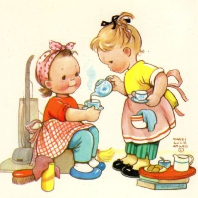 Set of TWO 5x5 Vintage Retro Kids TIME FOR A BREAK Craft Cotton Fabric Blocks