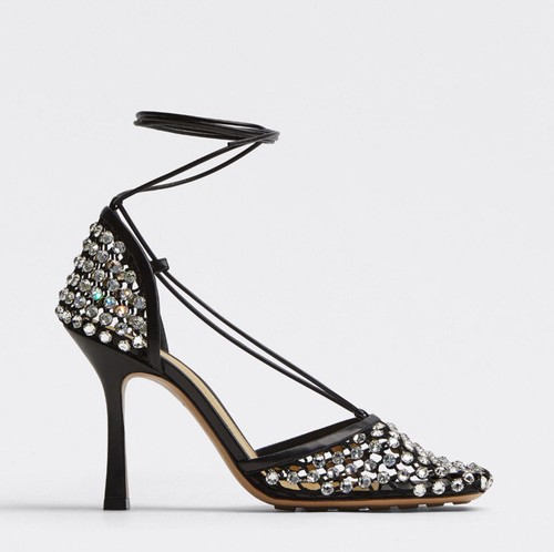 Pre-owned Bottega Veneta Sparkle Stretch Tie Around Pump Sandals $1950 In Black