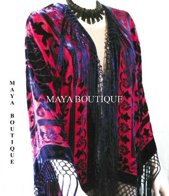 Pre-owned Maya Matazaro Burnout Velvet Silk Fringe Jacket Kimono Red & Navy