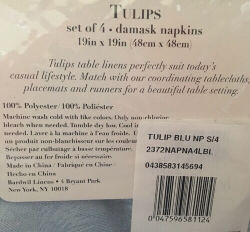 Napkins & Placemats BARDWIL LINENS Tulips Light Blue Damask Set Of 4 Each New