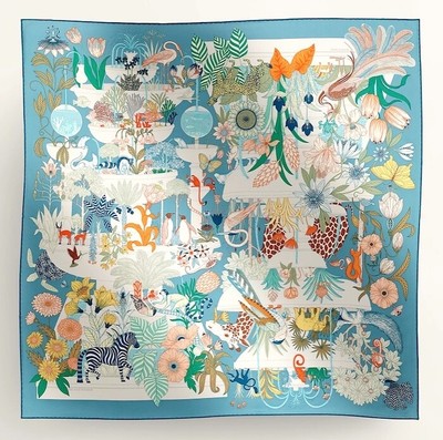 Hermes Scarf Stole Precious Paradise Blue Jeans Floral Animal Silk Auth New 90cm
