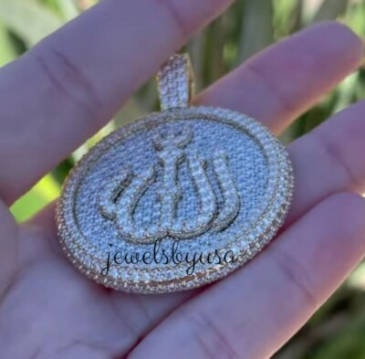 Pre-owned Nsg Men's 3.9 Ct 100% Natural Moissanite Allah Pendant 14k Yellow Gold Plated Silver In White