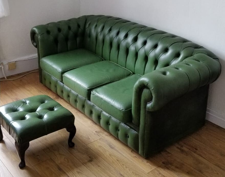 Chesterfield sofa green leather 3 seater plus foot stall perfect