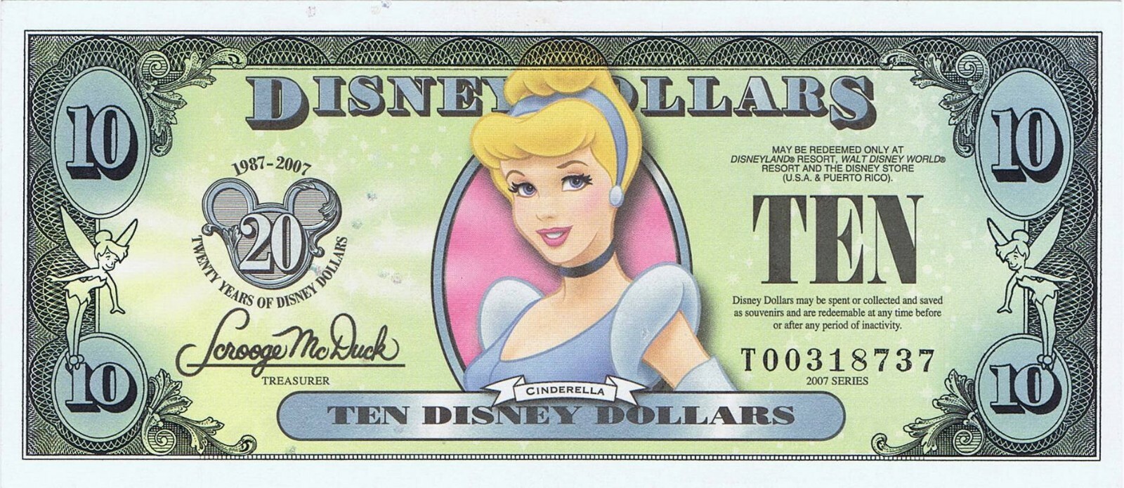 ディズニーDOLLARS ディズニーダラー　ドル　シンデレラ 0320J6 TEN Disney DOLLARS ディズニーダラー 10ドル札 紙幣