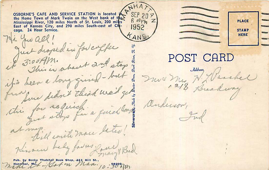 Roadside Postcard Osborne's Cafe & Sinclair Gas Station, Hannibal, Missouri