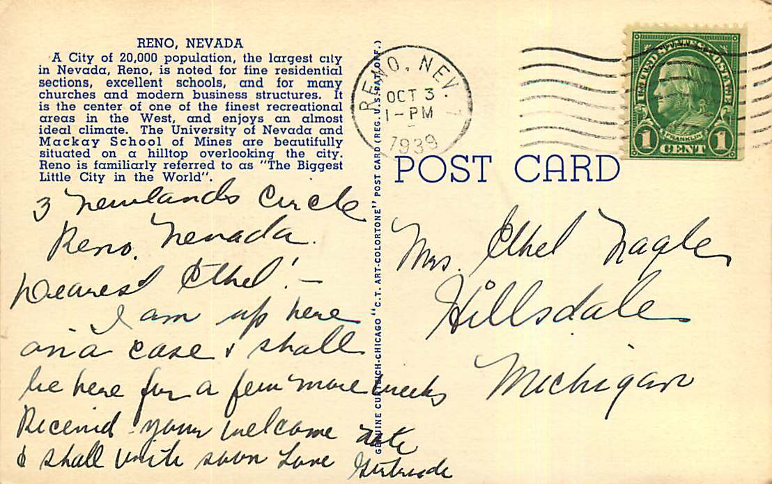 Large Letter Linen Postcard - Reno, Nevada - Curt Teich - used in 1939