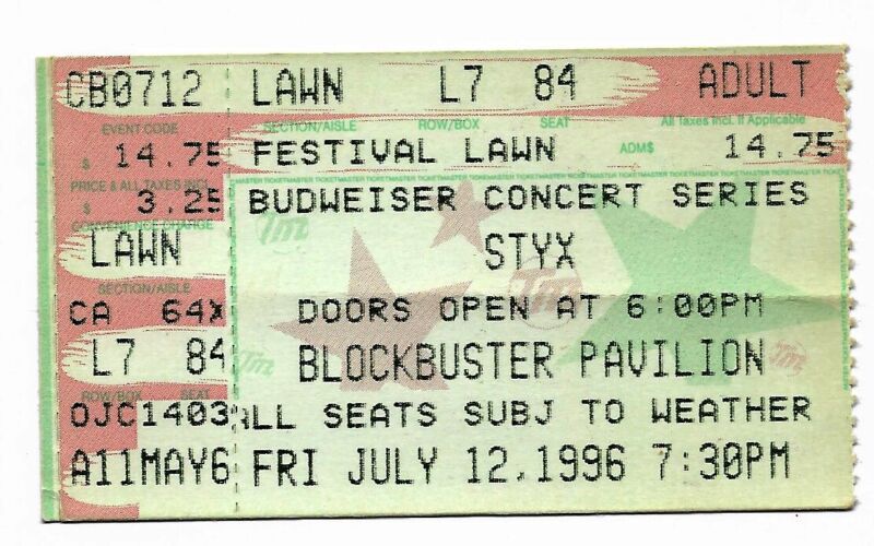 Styx & Kansas the band 7/12/96 Charlotte NC Blockbuster Pavilion Ticket Stub