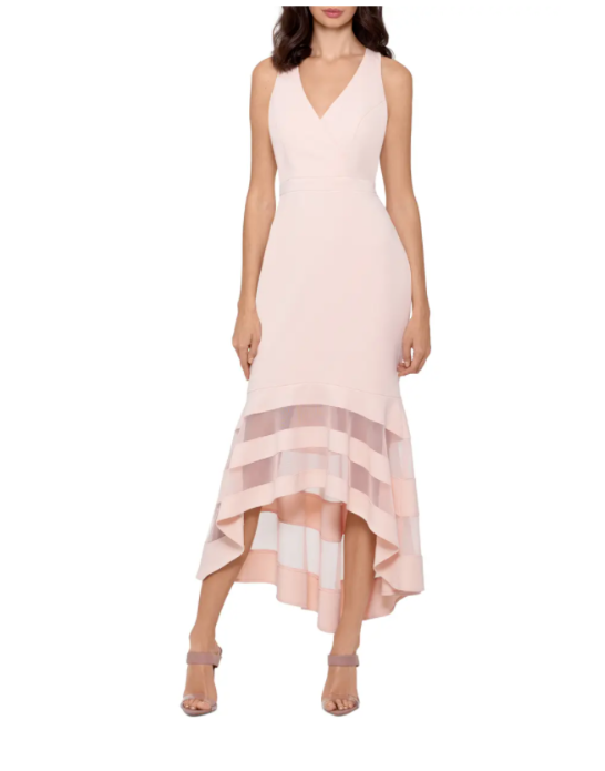 

XSCAPE Румяно-розовое платье миди с v-образным вырезом и воланами из прозрачной сетки с высоким и низким вырезом  США, Розовый