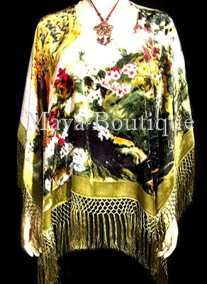Pre-owned Maya Matazaro Peacock Poncho Shawl Top Silk Burnout Velvet Ivory Multi  In Ivory Olive Green Multi