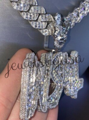 Pre-owned Nsg Men's 6ct Real Baguette Moissanite Ws4l Customize Name Number Pendant 925 Silver In White