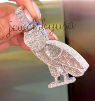 Pre-owned Nsg Men's Owl Shape 3.2ct White Baguette Cubic Zirconia Pendant 925 Silver
