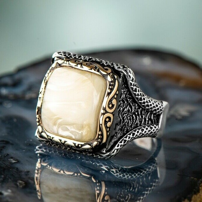 [13] RedMoon / STERLING 925 / 138g IDブレス Solid 925 Sterling Silver Square Mother of Pearl Stone Men's