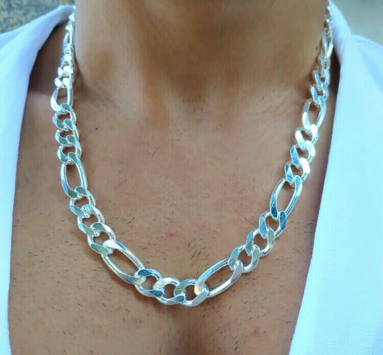 Pre-owned Handmade Mens 925 Sterling Silver Figaro Link Chain Necklace Solid Handcrafted 97gr 24"