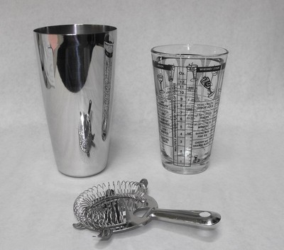 3 pc BOSTON COCKTAIL SHAKER KIT Mixing Glass, Strainer, Stainless Shaker Bar Kit