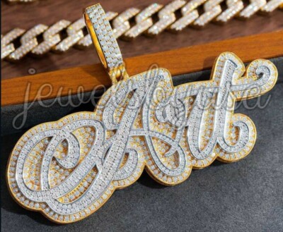 Pre-owned Nsg 3 Ct Men's Natural Moissanite Cursive Font Name Custom 2 Tone Pendant 925 Silver In White