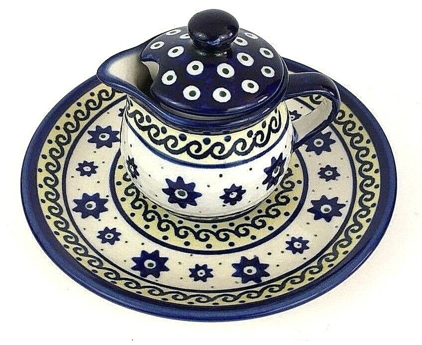 Creamer Lid & Plate Handmade in Poland Blue/Yellow/White Design Boleslawiec