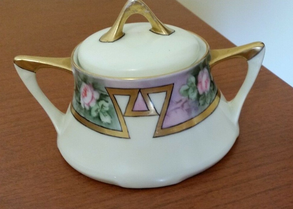 Vintage Z.S.&C. Art Deco Hand Painted Pink Roses Sugar Bowl-Signed Schulz 1914