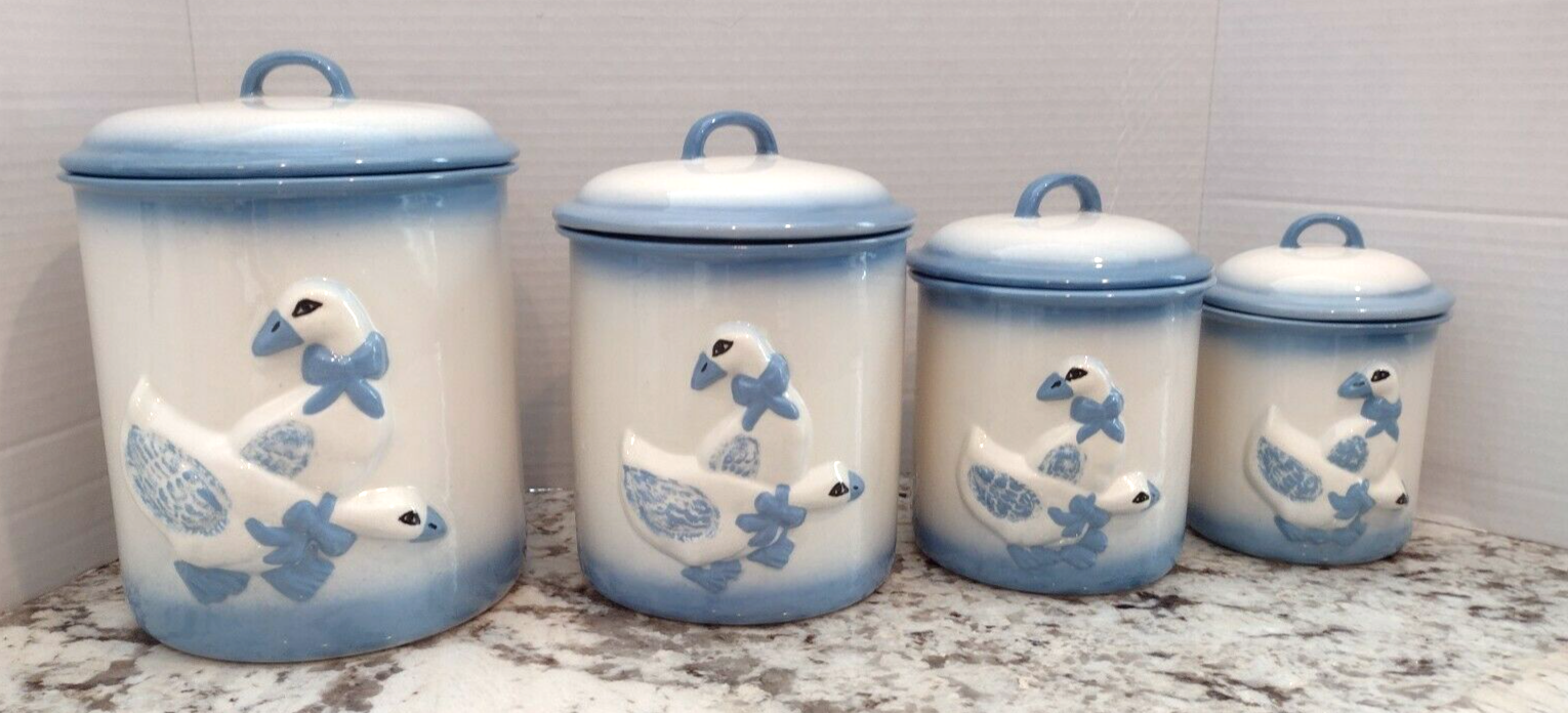 DUCK Ceramic Canister Set Ivory Color Canister W/Blue 3d DUCK