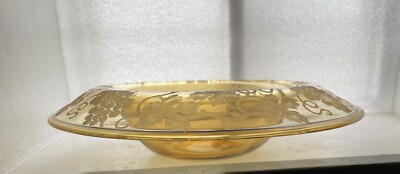 HP Sinclaire Art Deco Glass Console Bowl Honey Amber Grape Vine Etch Folded Rim