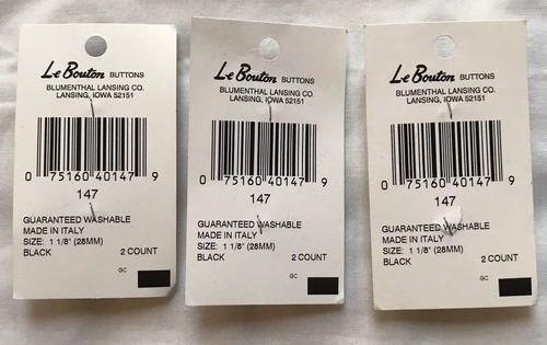 Lot 6 Le Bouton Buttons Round Black Swirl Design Shank 1 1/8” New on Card