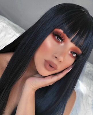 Long Bob Straight Full Bangs Synthetic None Lace Wig Glueless Black Hair Wigs US