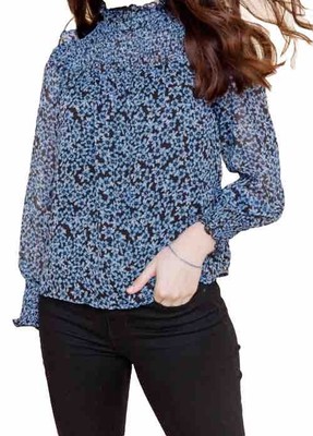 Francesca s smocked ruffled high neck Floral blouse Top Size Medium