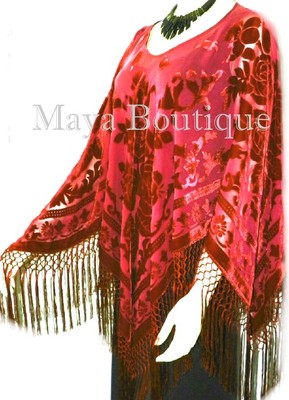 Pre-owned Maya Matazaro Silk Burnout Velvet Poncho Top Fringe Piano Shawl Wrap True Red