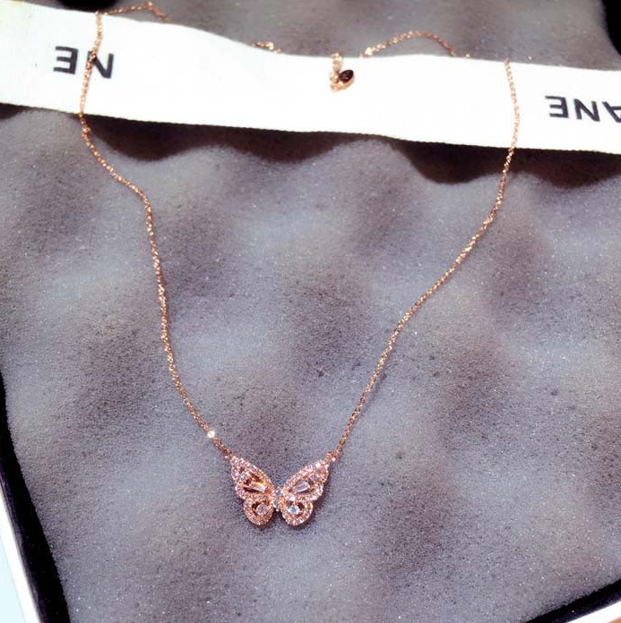 Sterling Silver Crystal CZ Butterfly Pendant Necklace Choker chain Gift Box PE50