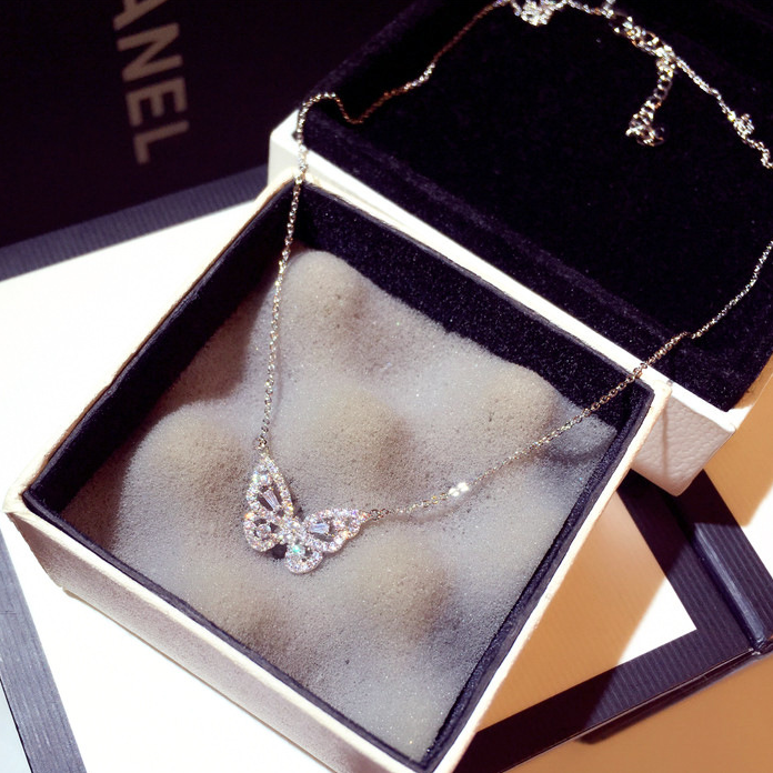 Sterling Silver Crystal CZ Butterfly Pendant Necklace Choker chain Gift Box PE50