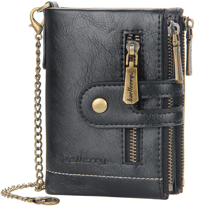 Mens Wallet Genuine Leather Rfid Bifold With Chain And Double Zipper Coin Pocket