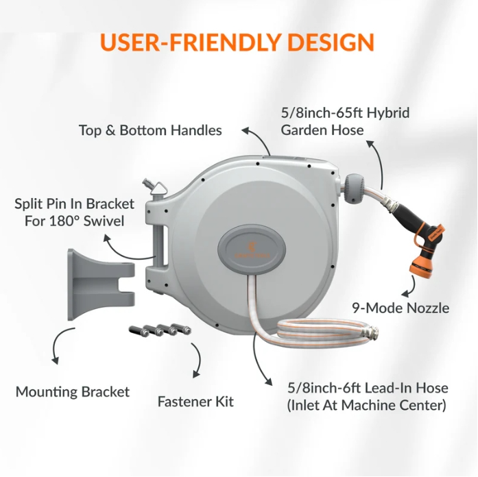 Giraffe Tools Retractable Water Hose Reel Wall Mounted Hose Reel 5/8-IN 65-FT