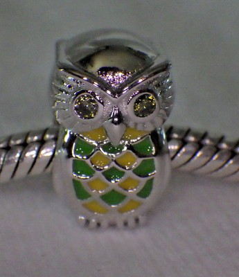 CHAWIN JUNGLE OWL 925 Str SILVER GREEN CRYSTAL~YELLOW/GREEN ENAMEL EUROPE CHARM