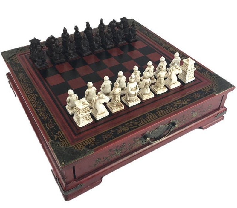 Holz Tisch Schach Chinesisch Retro Terrakotta Krieger Schnitzen Kunstharz
