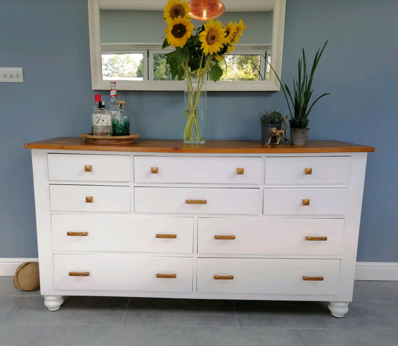 Long large painted dresser sideboard chest of drawers white pine in