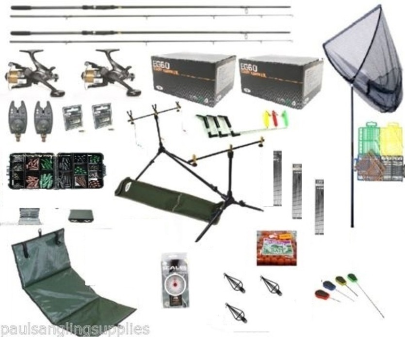 Full Carp Fishing Tackle Set Up Kit Rods Reels Rigs Alarms Bait Tools