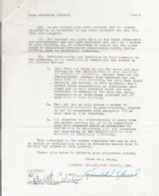 CLAUDETTE COLBERT signed Jack Benny TV contract