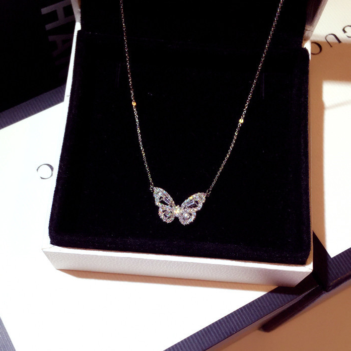Sterling Silver Crystal CZ Butterfly Pendant Necklace Choker chain Gift Box PE50