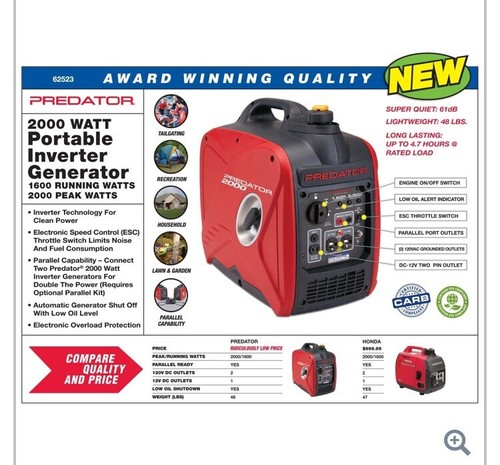 PREDATOR 2000 Watt Super Quiet Inverter Generator - FREE SHIPPING