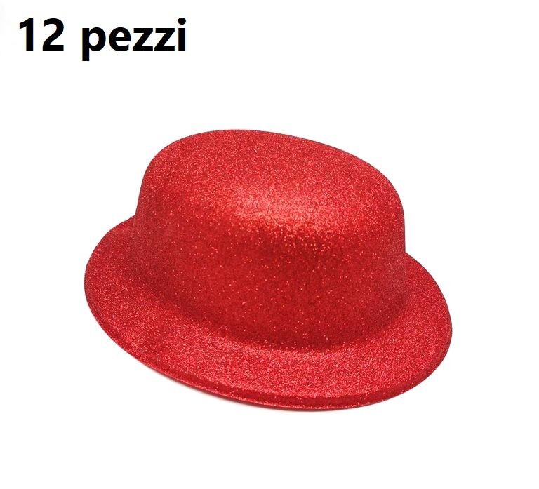 Set 12 Pezzi Cappello Bombetta Glitter Brillantati Rossi Per Feste Party bal