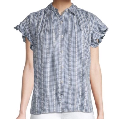 NWT Max Studio Womens S Gingham Ruffle Sleeve Printed Button Up  Blouse