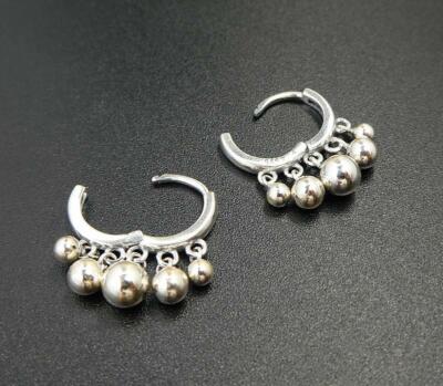 Shiny 925 Sterling Silver Small Hoop Pierced Earrings with Dangling Small Beads