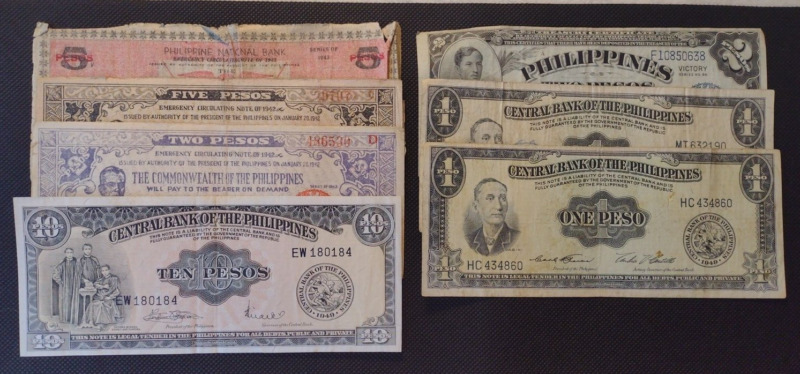 7 Philippines Banknotes Including The $2 "VICTORY" Note  (A358)