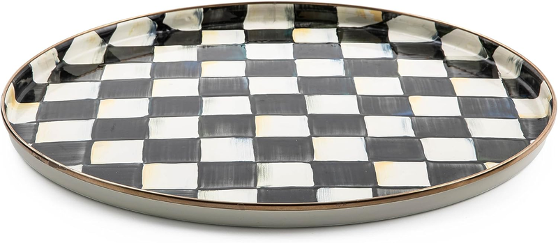 MACKENZIE-CHILDS Enamel Round Tray Black & White Courtly Check...