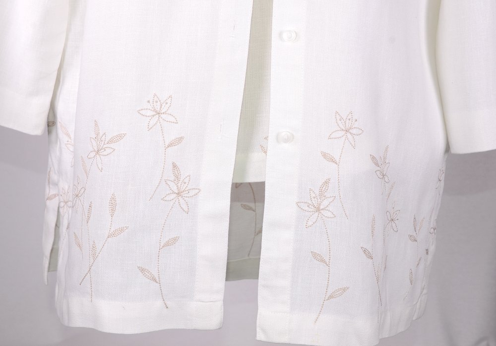 Designer VIEW White & Tan 100% Linen Embroidered 2PC Shirt Set Women Petite MED